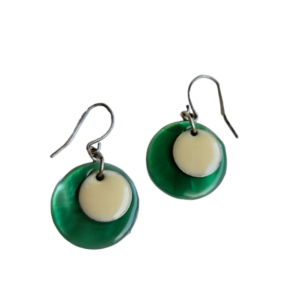 Teal Blue & White Enamel Disc Hanging Earrings
